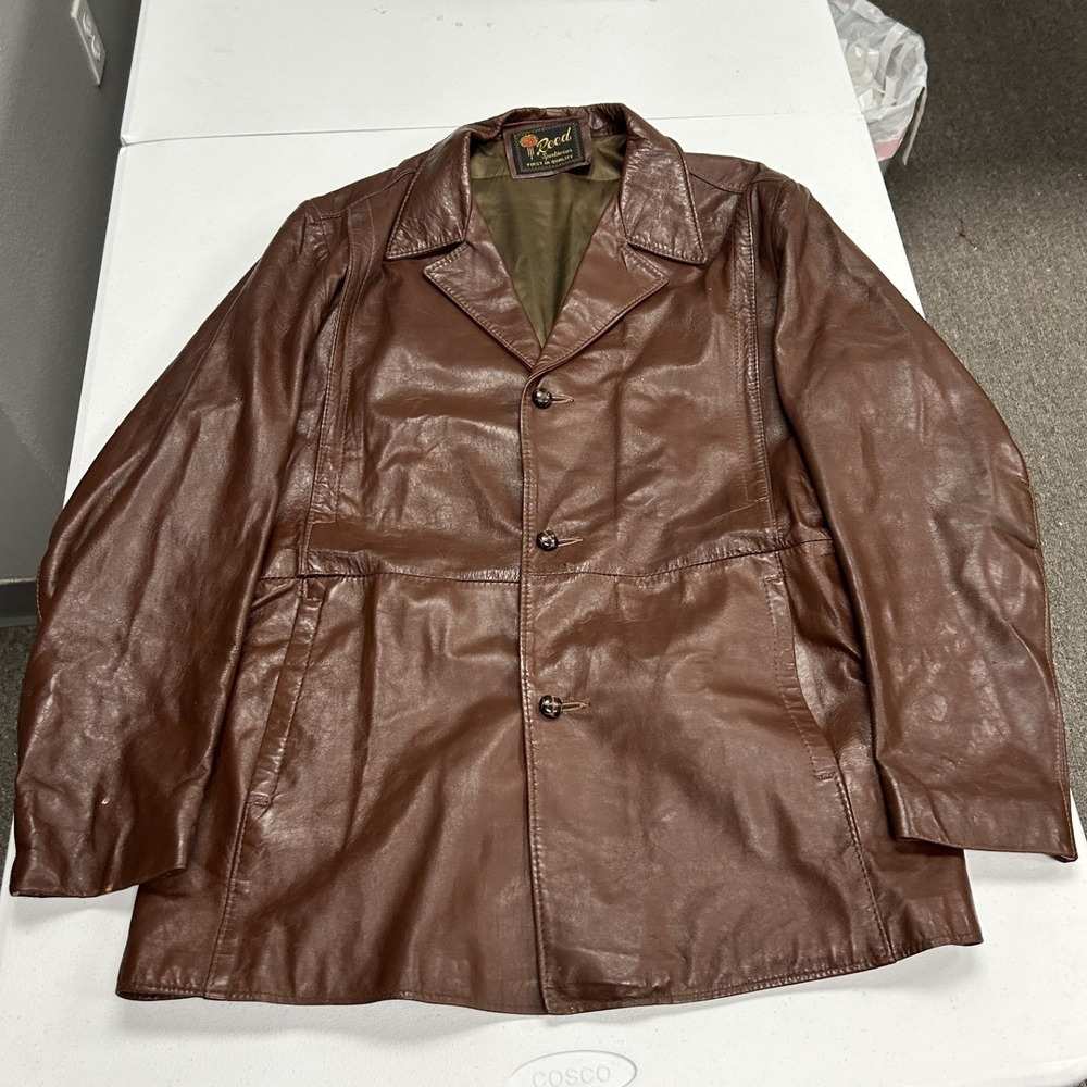 Reed Sportswear Leather Car Coat Mens 44 Brown Vintage 3 Button Jacket